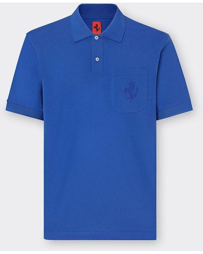Ferrari Cotton Piqué Polo Shirt With Prancing Horse - Blue
