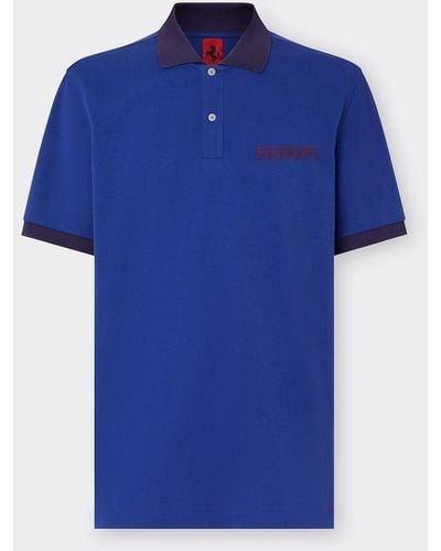 Ferrari Short-sleeve Cotton Polo Shirt With Logo - Blue