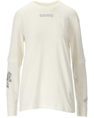 Ganni Creme T-shirt Met Lange Mouwen - Wit