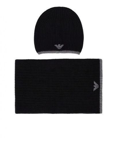 Emporio Armani Black Grey Beanie+scarf Set With Logo