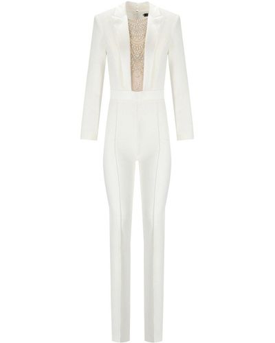 Elisabetta Franchi Ivory Jumpsuit With Pearls And Rhinestones - White