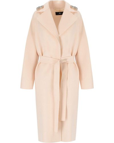 Elisabetta Franchi Butter Coat With Brooches - Natural