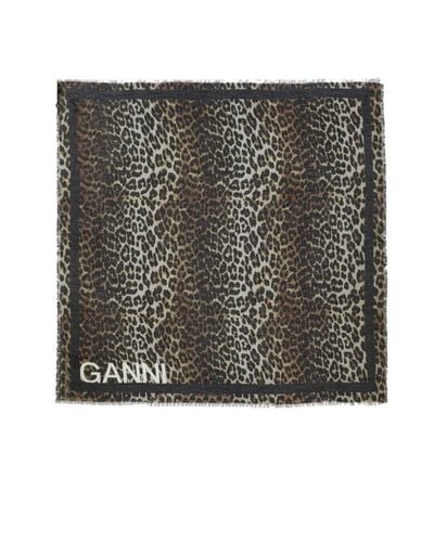 Ganni Leopard Print Foulard Scarf - Black