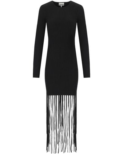 Ganni Fringed Ribbed-knit Minidress - Black