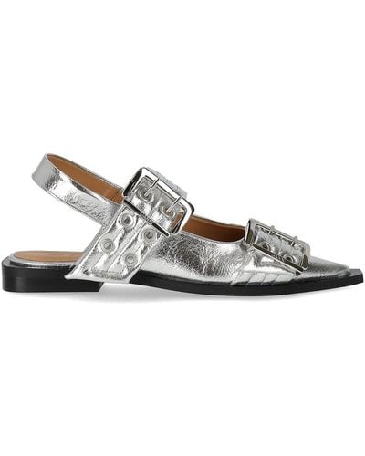 Ganni Silver Slingback Ballet Flat Shoe With Buckles - White
