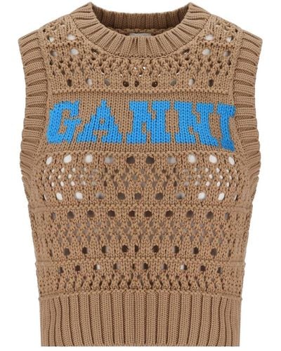 Ganni Cropped Vest With Logo - Blue