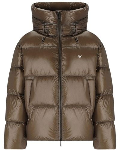 Emporio Armani Hooded Down Jacket With Logo - Brown
