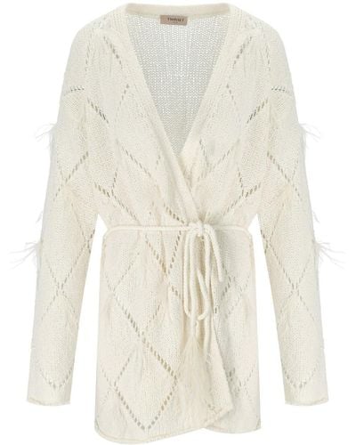 Twin Set Cardigan With Feathers - White