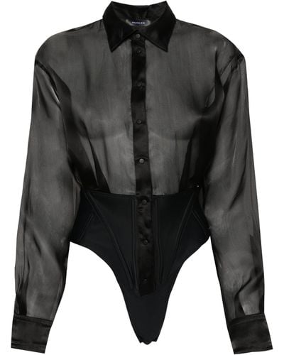 Mugler Semi-sheer Silk Bodysuit - Black