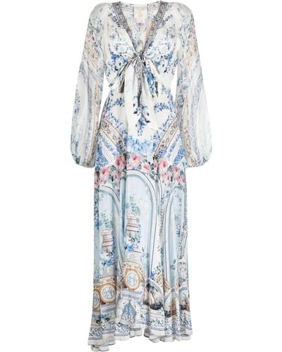 Camilla Baroque-pattern Silk Dress - Blue