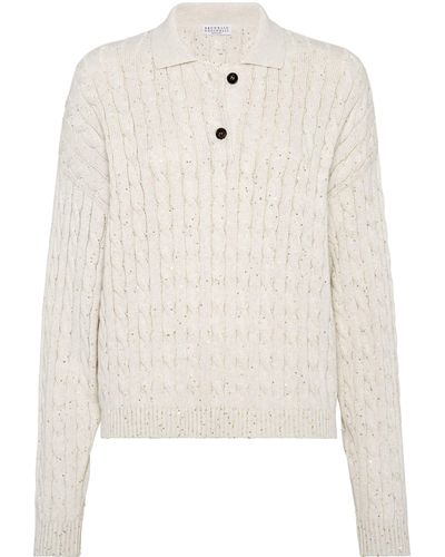 Brunello Cucinelli Sequin-embellished Cable-knit Sweater - White
