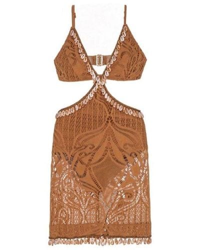 PATBO Beaded Seashell Cut-out Mini Dress - Brown