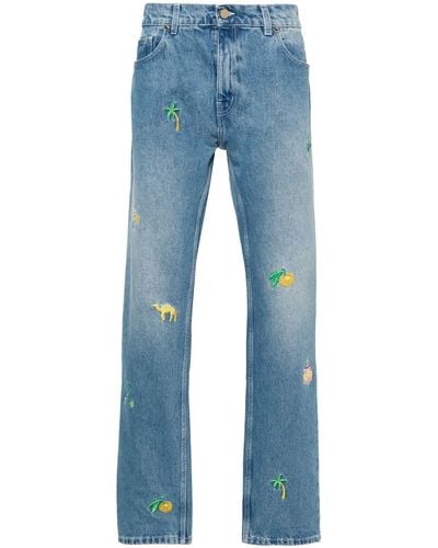 Casablancabrand Embroidered-design Cotton Straight-leg Jeans - Blue