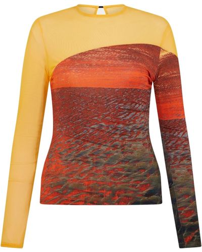 Louisa Ballou Long Sleeve Seamed Top In Orange/painted Sunset. - Brown