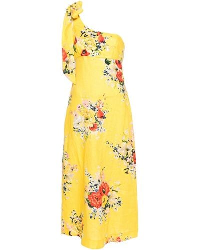 Zimmermann Floral Print Linen Asymmetric Midi Dress - Yellow