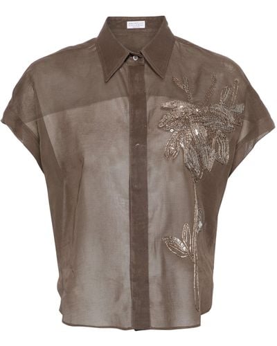 Brunello Cucinelli Motif-embroidered Semi-sheer Shirt - Brown