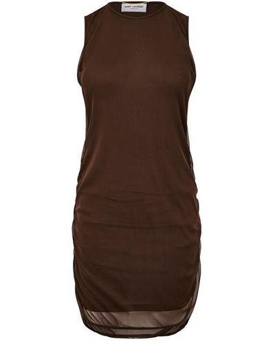 Saint Laurent Ruched Stretch-tulle Mini Dress - Brown