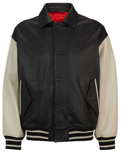 HUGO Leather Varsity Jacket With Oversize Embossed Logo - Black