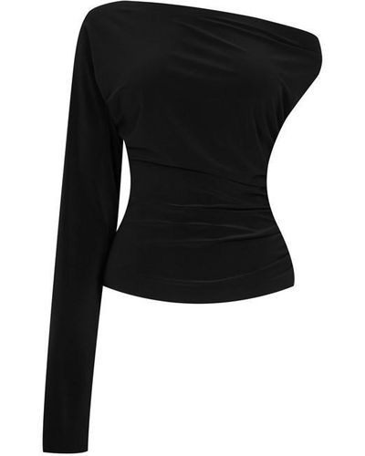 Norma Kamali One Sleeve Drop Shoulder Side Drape Top - Black
