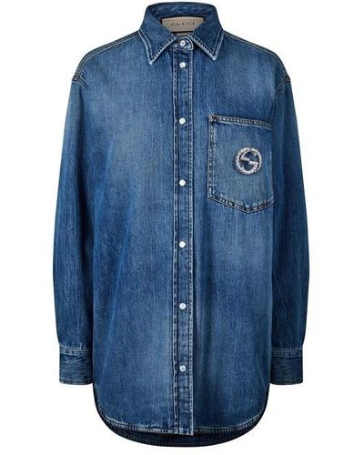 Gucci Eco Wash Denim Shirt With Crystal Brooch - Blue