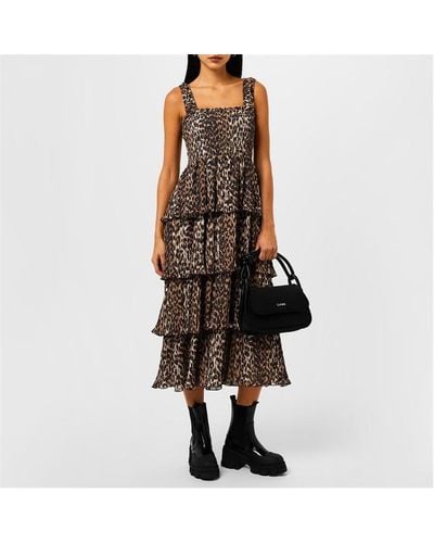Ganni Leopard-print Tiered Hem Midi Dress - Brown