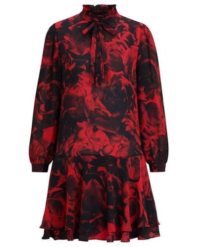 HUGO Frill-collar Dress With Rose Print - Red