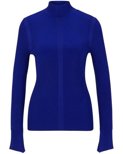 BOSS High-neck Jumper In A Ribbed Knit - Blue