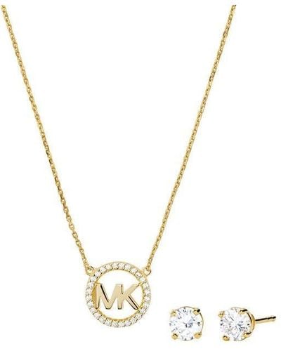Michael Kors 14k Plated Pave Logo Charm Necklace And Stud Earring Set - Metallic