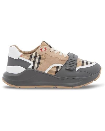 Burberry Ramsey Checked Leather And Suede Trainers - Grey
