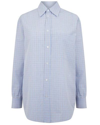 Bottega Veneta Cotton Linen Check Shirt With Bv Embroidery - Blue