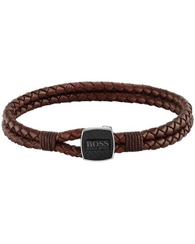 BOSS Gents Seal Braided Black Leather Bracelet - Brown