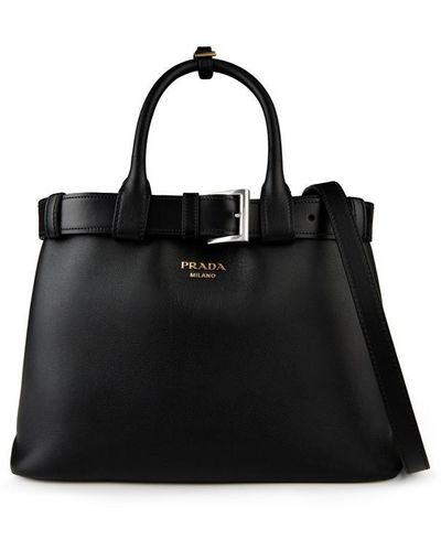 Prada Buckle Medium Leather Handbag - Black