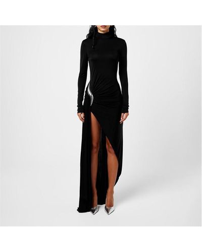 David Koma Metallic Tube Hip Trim Long Sleeve Asymmetrical Hem Gown - Black