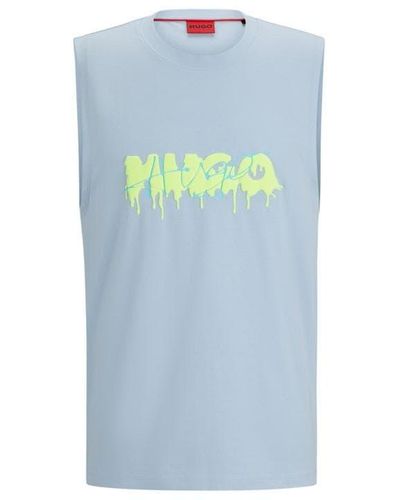 HUGO Cotton-jersey Sleeveless T-shirt With Seasonal Logo - Blue
