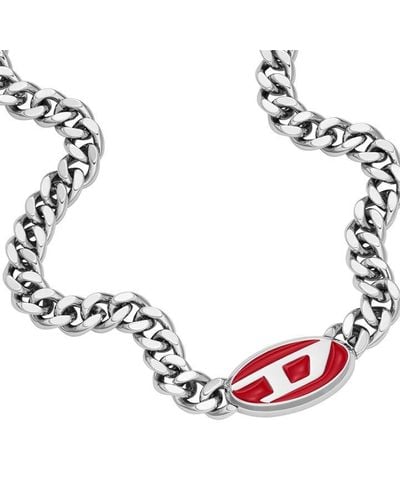 DIESEL Red Lacquer And Stainless Steel Chain Necklace - Metallic