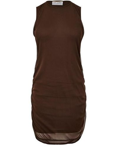 Saint Laurent Ruched Stretch-tulle Mini Dress - Brown