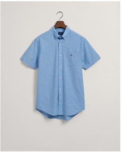 GANT Regular Fit Cotton Linen Short Sleeve Shirt - Blue