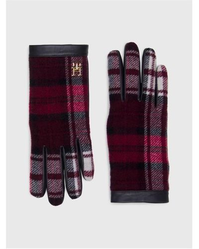 Tommy Hilfiger Tartan Check Leather Gloves - Red