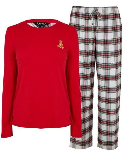 Lauren by Ralph Lauren Plaid Brushed Twill & Jersey Pyjama Set - Red