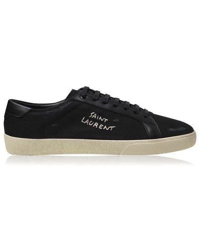 Saint Laurent Embroidered Trainers In Canvas And Smooth Leather - Black