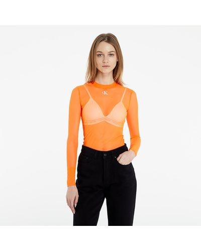 Calvin Klein Jeans Mesh High Neck Long-sleeved Top Shocking Orange