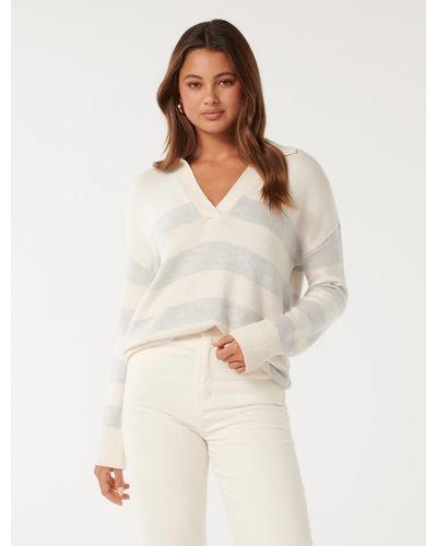 Forever New 'Nicole Striped Polo Shirt Collar Jumper - White