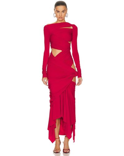 The Attico Ruched Asymmetrical Jersey Midi Dress - Red