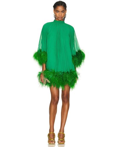 PATBO Pleated Feather Trim Mini Dress - Green