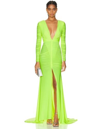 Alex Perry Dalton V Neck Long Sleeve Ruched Gown - Green