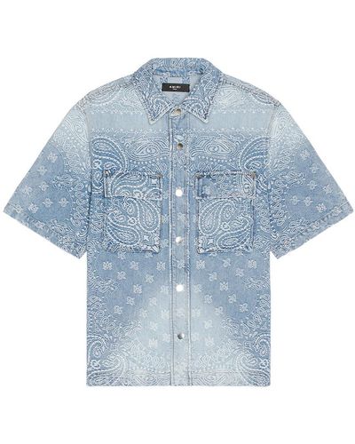 Amiri Bandana Jacquard Snap Short Sleeve Shirt - Blue