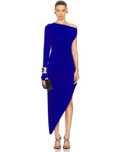 Norma Kamali One Sleeve Drop Shoulder Side Drape Gown - Blue