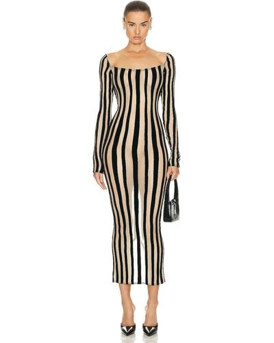 LAQUAN SMITH Boat Neck Striped Mid Length Gown - White