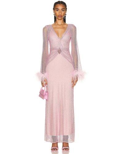 PATBO Feather Trim Rhinestone Netted Plunge Gown - Pink
