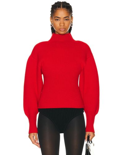 Ferragamo Turtleneck Puff Sleeve Knit Bodysuit - Red